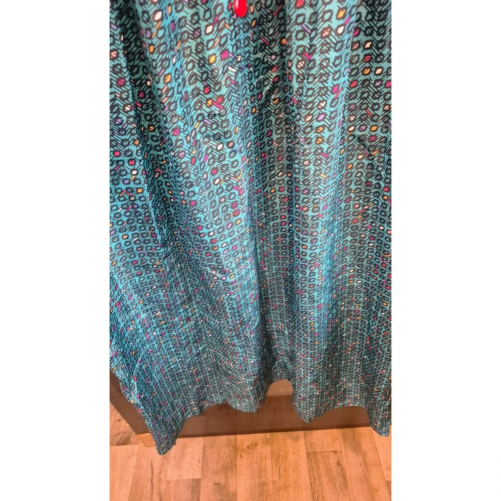 Vintage‎ 80s 90s Geometric Midi Dress Teal Abstract Print Button Front Boho M/L